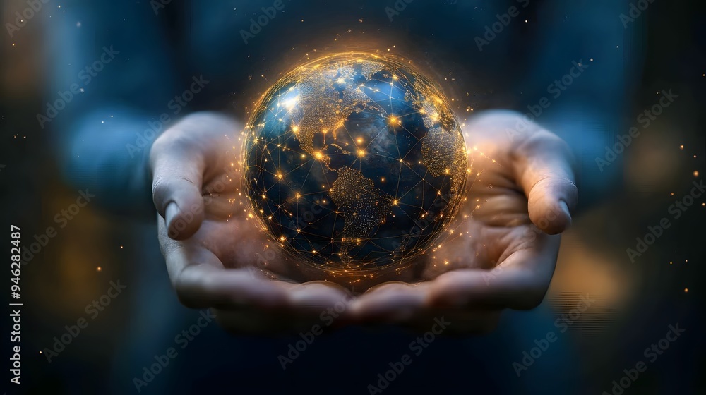 Hands holding a holographic globe with blockchain and AI data connections