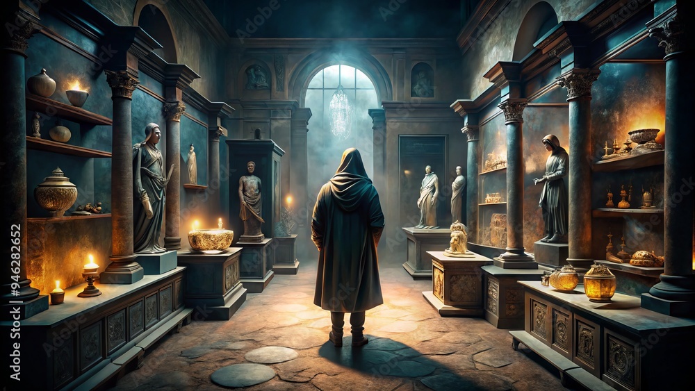 A mysterious figure lurks in the shadows, casting an eerie glow amidst ancient artifacts and relics, disturbing the tranquility of the dimly lit museum at night. A mysterious figure lurks in the shadows, casting an eerie glow amidst ancient artifacts and relics, disturbing the tranquility of the dimly lit museum at night.