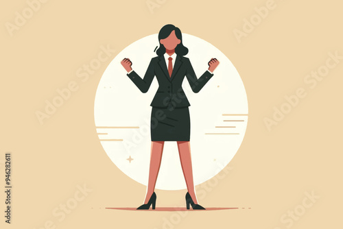 Illustration of a businesswoman standing while clenching his fist, as a symbol of alertness and enthusiasm for work