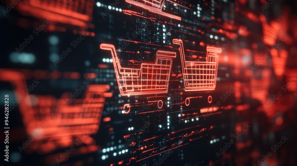 Shopping cart icons on a virtual screen, abstract design, room for copy Shopping cart icons on a virtual screen, abstract design, room for copy