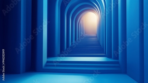 A long  blue hallway with arched doorways leading to a bright  glowing light at the end. The perspective creates a sense of depth and mystery.