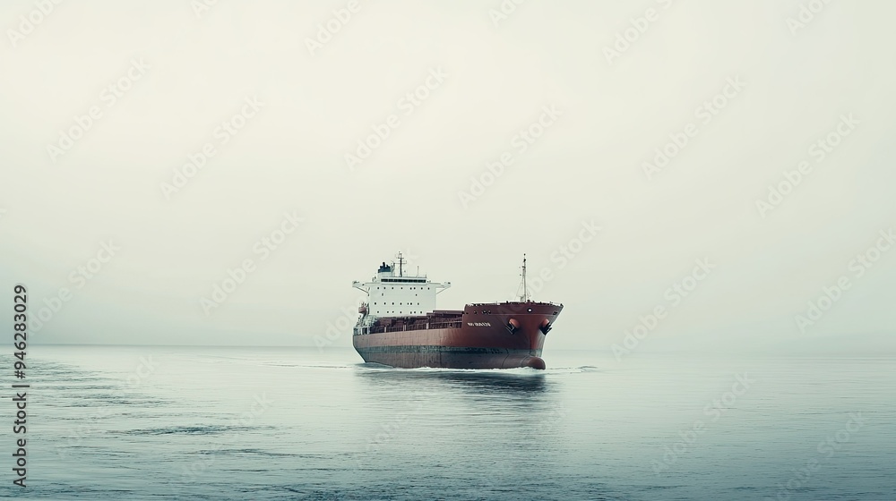 Side view of a cargo ship moving through the sea, no crew visible, space for text Side view of a cargo ship moving through the sea, no crew visible, space for text