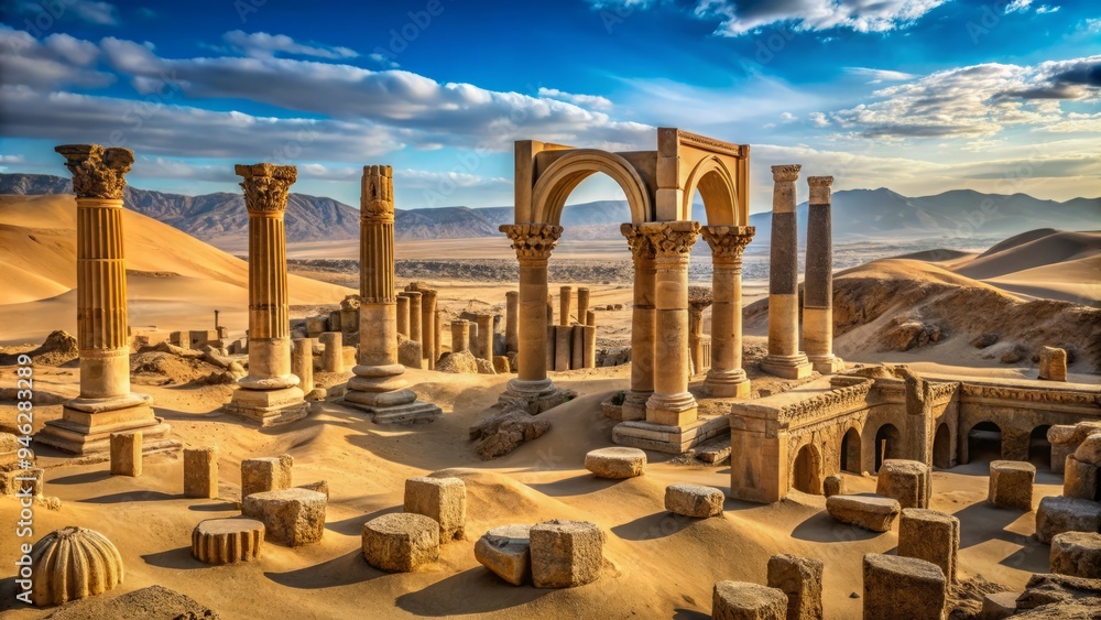 Ancient Persian ruins scattered across the desert landscape, with