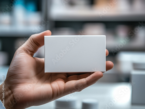 A hand holds a blank white box in a modern retail setting with shelves filled with products in the background