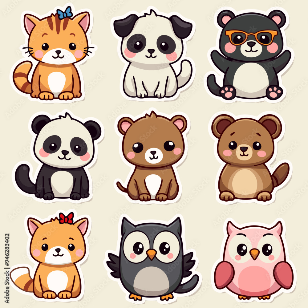 a set of cute animal stickers featuring popular animals like cats, dogs, pandas, and owls a set of cute animal stickers featuring popular animals like cats, dogs, pandas, and owls
