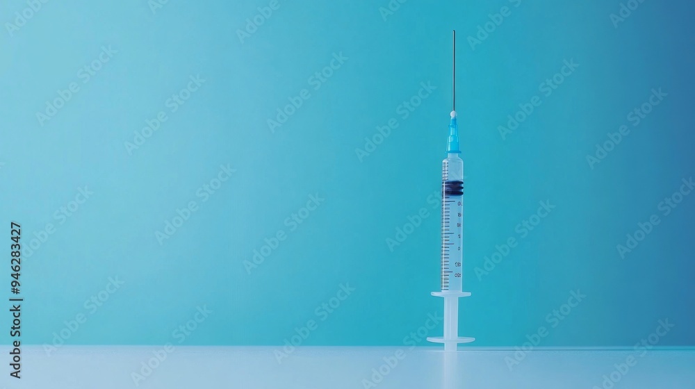 Syringe with needle on light blue background, cosmetology injection concept Syringe with needle on light blue background, cosmetology injection concept