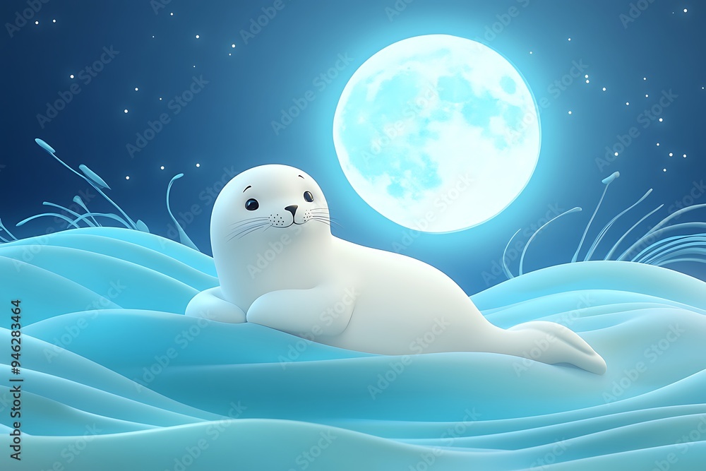 Cartoon Style 3D Illustration of Cute Seal Lounging on Moon with Tranquil Blue Moonlit Night Sky and Wavy Sand Dunes Cartoon Style 3D Illustration of Cute Seal Lounging on Moon with Tranquil Blue Moonlit Night Sky and Wavy Sand Dunes