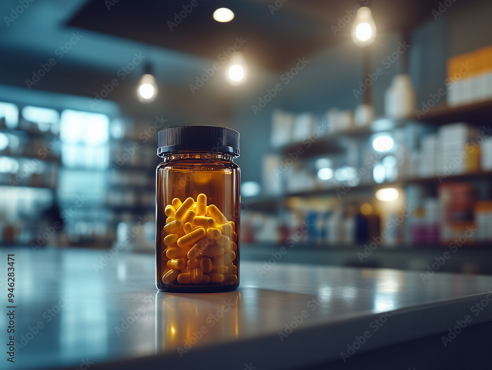 A close-up of a medicine bottle filled with capsules on a pharmacy counter during daytime A close-up of a medicine bottle filled with capsules on a pharmacy counter during daytime