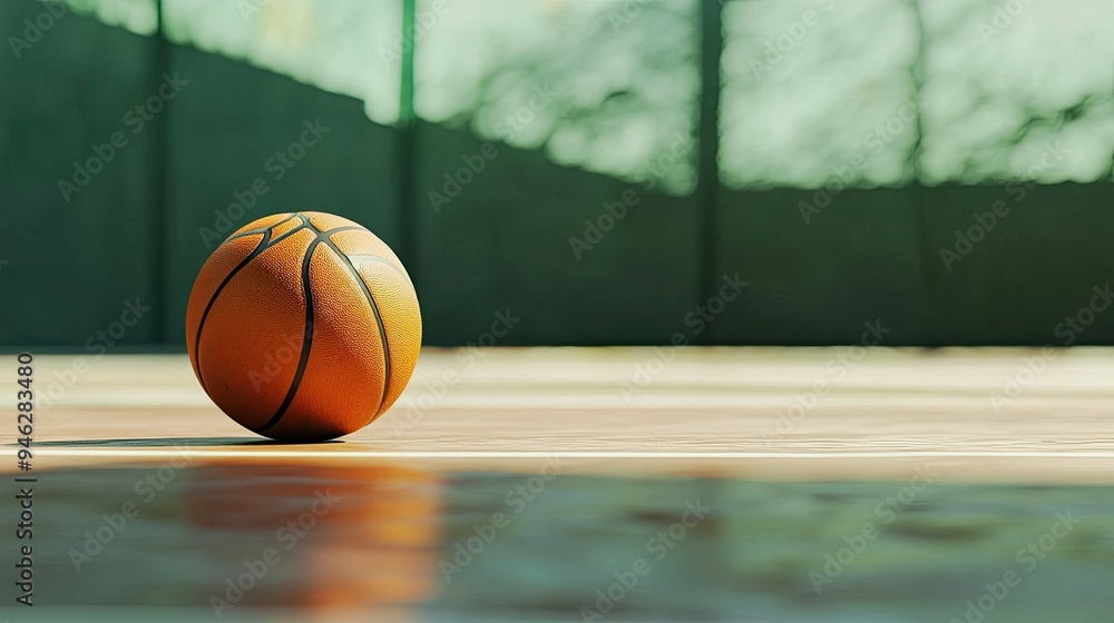 Single basketball on a court, close-up perspective, detailed texture, room for text Single basketball on a court, close-up perspective, detailed texture, room for text