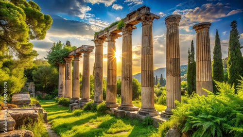 Ancient stone columns rise majestically amidst lush greenery, evoking classical Greek and Roman architectural heritage in a serene, sunlit atmosphere of timeless cultural excellence. photo