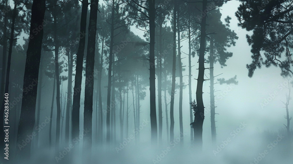 a foggy forest scene with silhouettes of tall trees fading into the mist a foggy forest scene with silhouettes of tall trees fading into the mist