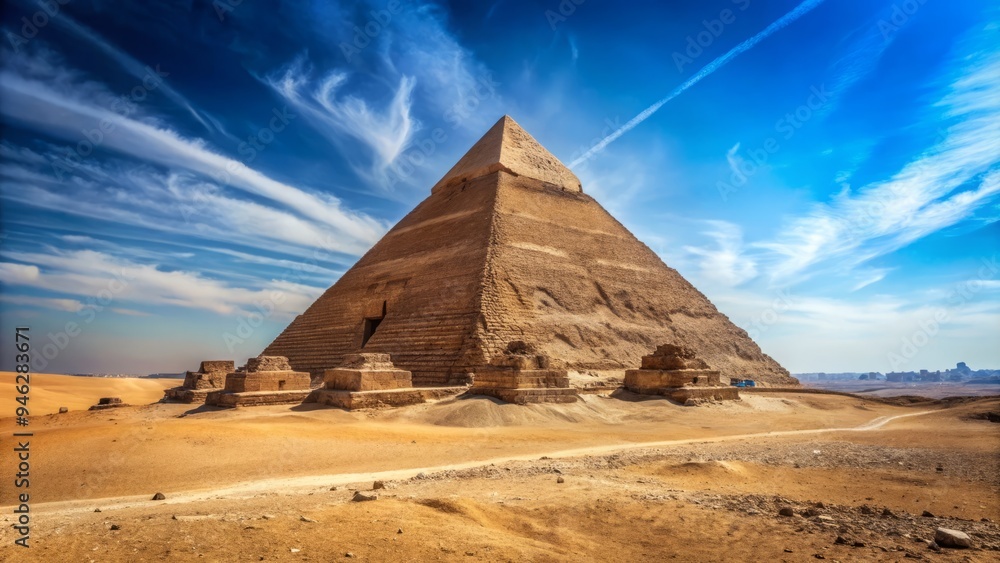 Ancient stone pyramid of Khafre, Giza Plateau, Egypt, rises majestically against a vivid blue sky with subtle desert landscape and faint pyramidal shadow. Ancient stone pyramid of Khafre, Giza Plateau, Egypt, rises majestically against a vivid blue sky with subtle desert landscape and faint pyramidal shadow.