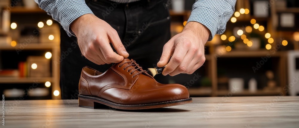 Shoe Polishing, Hands cleaning leather shoe with brush, Craftsmanship and Care. Shoe Polishing, Hands cleaning leather shoe with brush, Craftsmanship and Care.