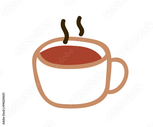 Coffee cup in doodle kids style. Warm steaming beverage, hot tea, morning bre...