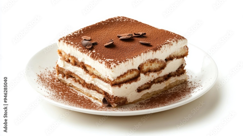 A decadent Tiramisu dessert, layered with mascarpone and cocoa powder, served on a white plate against a white background for a classic presentation. A decadent Tiramisu dessert, layered with mascarpone and cocoa powder, served on a white plate against a white background for a classic presentation.