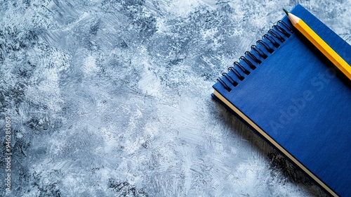 Spiral bound office and school notebooks flatly displayed from the top down on a grey backdrop photo