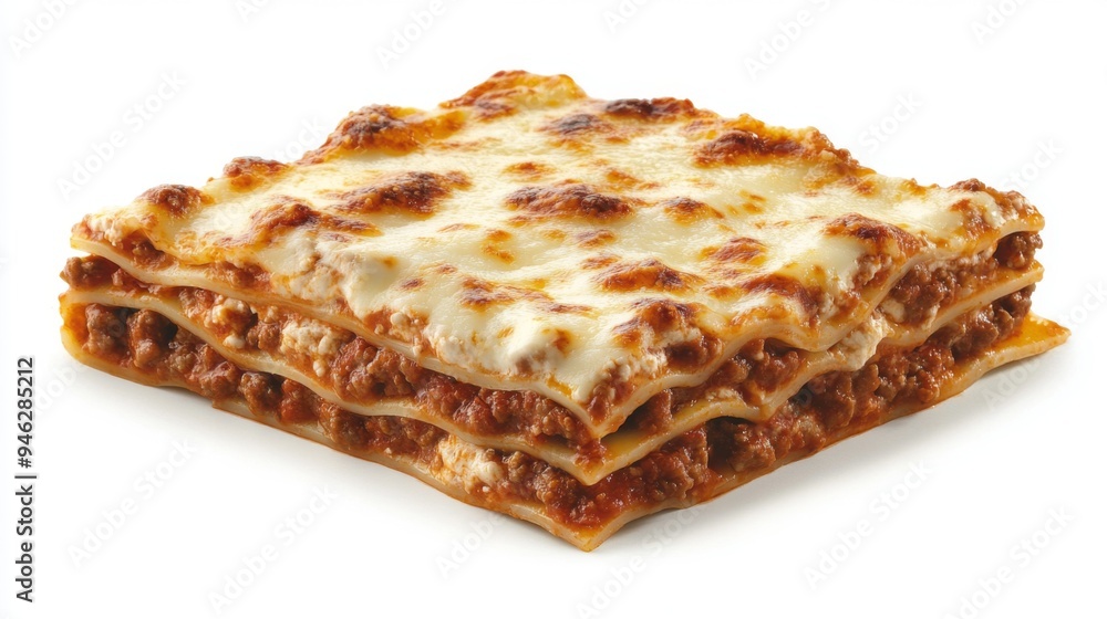 A delicious serving of lasagna, with layers of pasta, meat sauce, and melted cheese, presented on a white background for a mouthwatering effect. A delicious serving of lasagna, with layers of pasta, meat sauce, and melted cheese, presented on a white background for a mouthwatering effect.