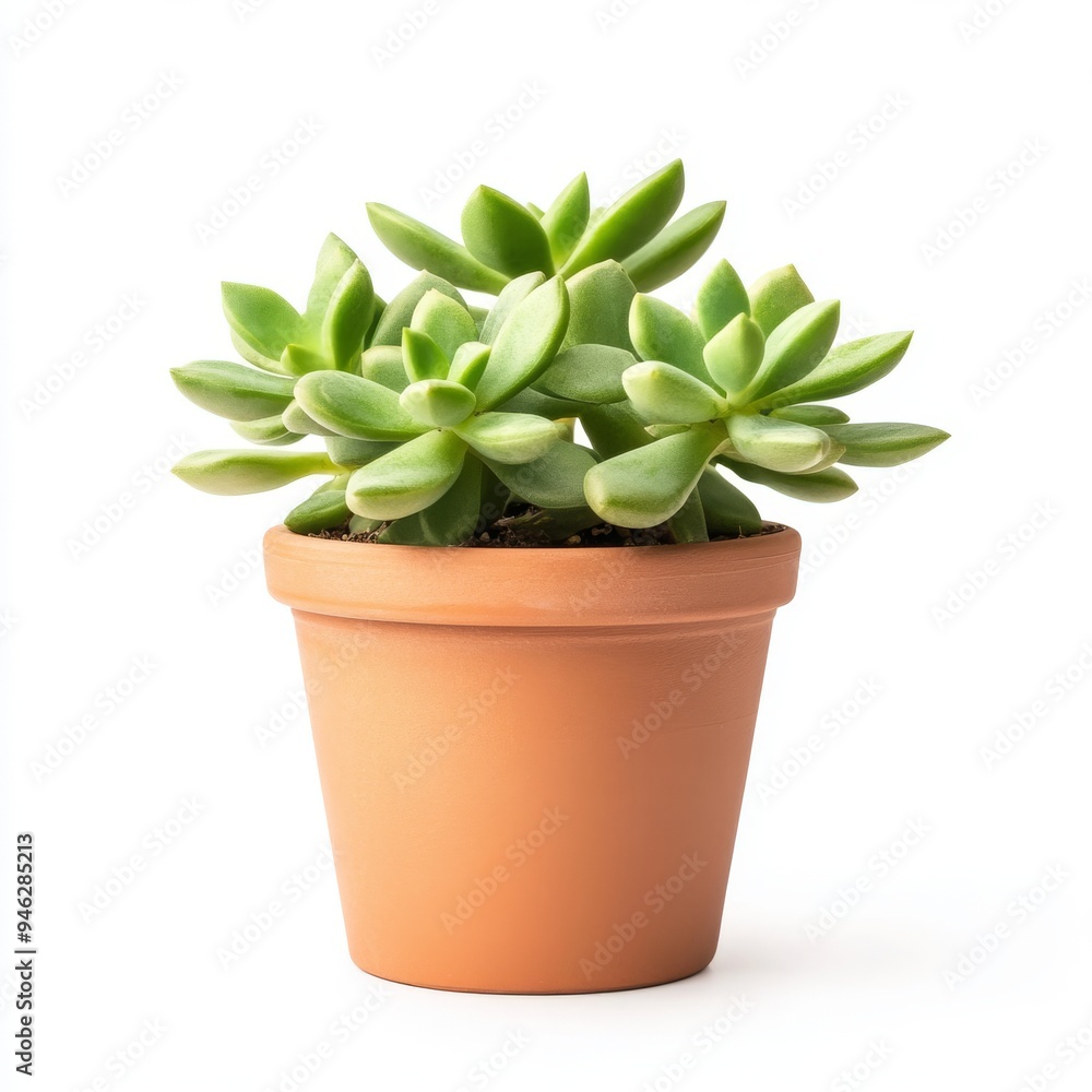 Lush Green Succulent Plant in Terracotta Pot - Detailed Close-up on White Background Lush Green Succulent Plant in Terracotta Pot - Detailed Close-up on White Background