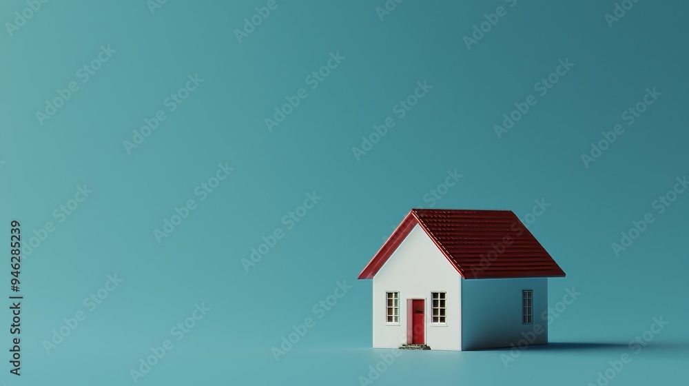 For use in homes or real estate markets, miniature 3D printed model house on blue background: Stock photo For use in homes or real estate markets, miniature 3D printed model house on blue background: Stock photo