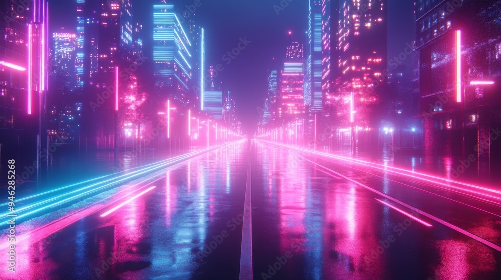 Vibrant neon cityscape featuring sleek reflections, illuminated buildings, and dynamic lighting on a rainy street at night. Vibrant neon cityscape featuring sleek reflections, illuminated buildings, and dynamic lighting on a rainy street at night.