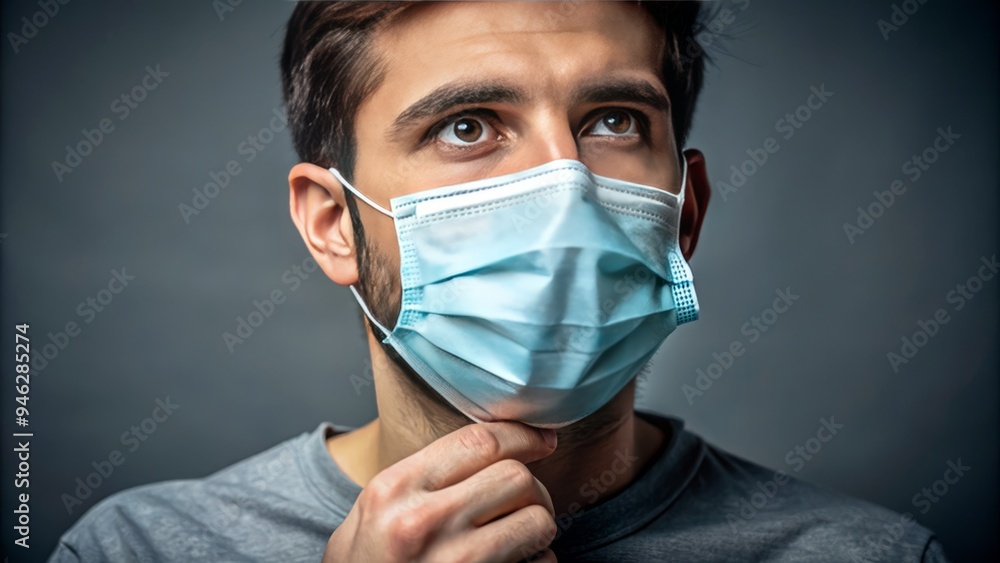 A person is shown with a medical mask hanging loosely below their chin, exposing their nose and mouth, highlighting incorrect usage and lack of protection. A person is shown with a medical mask hanging loosely below their chin, exposing their nose and mouth, highlighting incorrect usage and lack of protection.