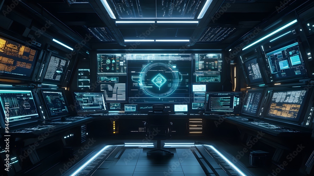 A futuristic control room with blockchain and AI data streams on multiple screens A futuristic control room with blockchain and AI data streams on multiple screens