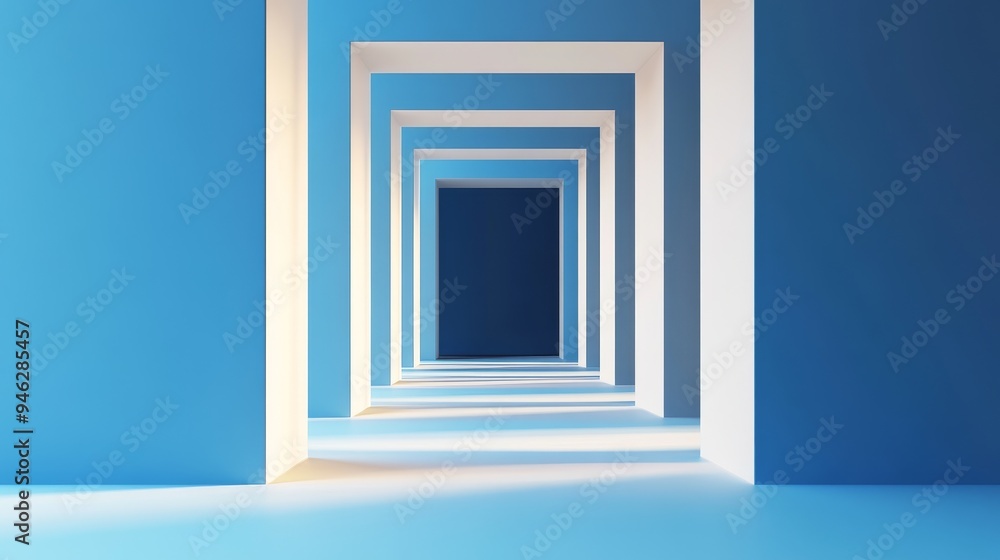Abstract hallway with blue walls and white frames leading to a dark, mysterious space. Minimalist design concept. Abstract hallway with blue walls and white frames leading to a dark, mysterious space. Minimalist design concept.