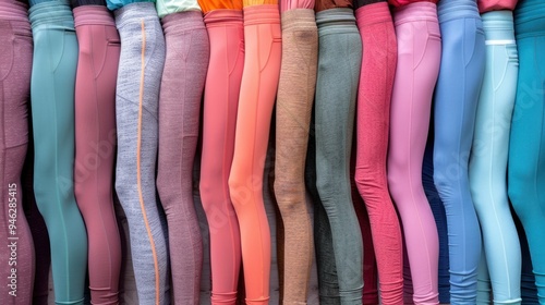 A collection of different yoga pants neatly arranged for a fitness wear promotional shoot photo