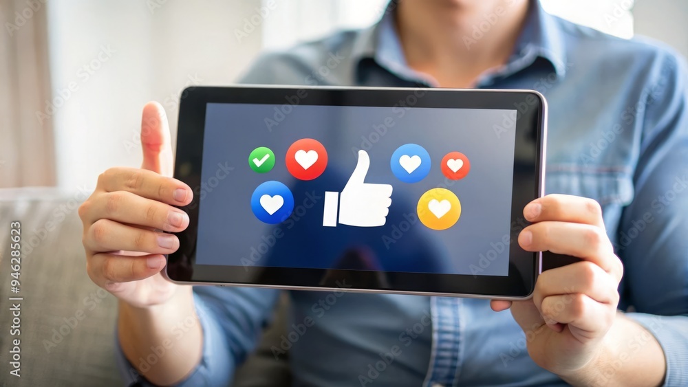 A person's hands holding a tablet with a lively online video streaming platform on the screen, surrounded by thumbs-up icons and positive rating symbols. A person's hands holding a tablet with a lively online video streaming platform on the screen, surrounded by thumbs-up icons and positive rating symbols.