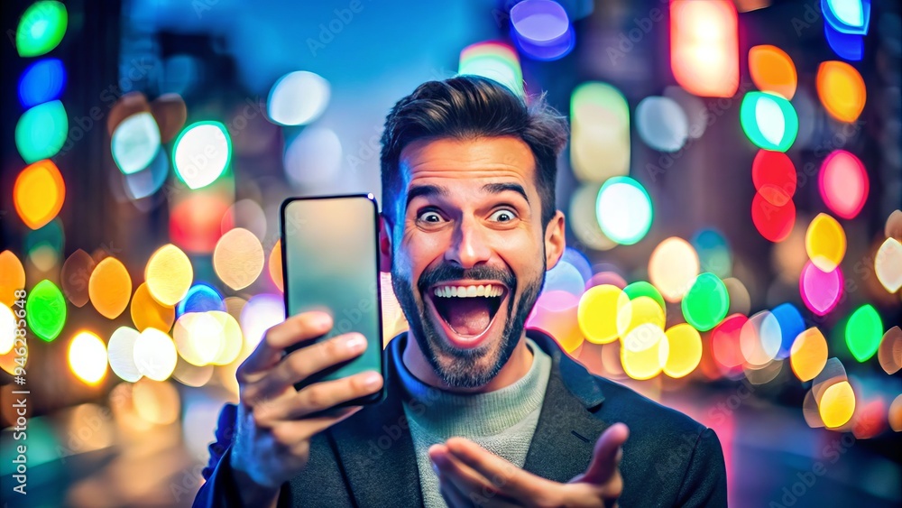 A person's hands holding a smartphone with a bright, colorful screen, eyes widening with excitement and a huge smile, amidst a blurred background of city lights.