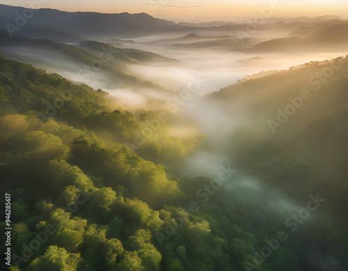 Mountainous forests with river clouds, sunset, aerial perspective. Generative AI.