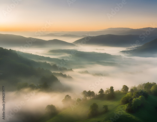 Golden Hour Over Lush Mountain Forests Seen from Above. Generative.AI.