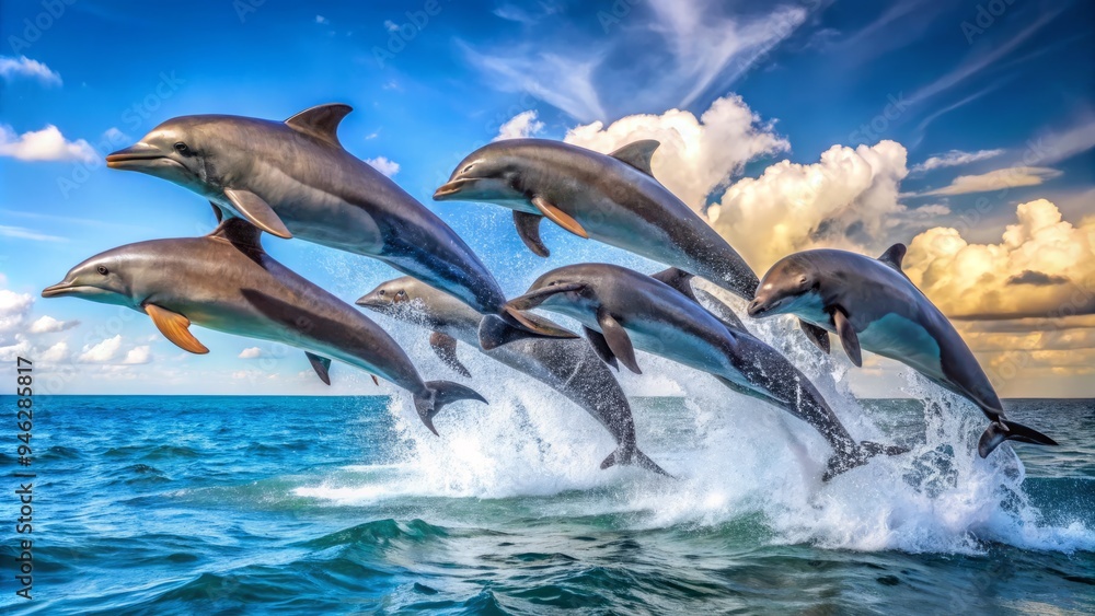 A playful pod of dolphins leap and splash in unison, their sleek gray bodies glistening in the warm sunlight, amidst a bright blue ocean backdrop. A playful pod of dolphins leap and splash in unison, their sleek gray bodies glistening in the warm sunlight, amidst a bright blue ocean backdrop.