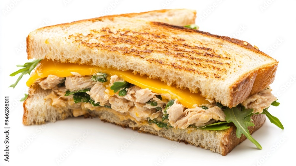 A delicious tuna melt sandwich with melted cheese and tuna salad, sliced diagonally, and placed on a white background. A delicious tuna melt sandwich with melted cheese and tuna salad, sliced diagonally, and placed on a white background.