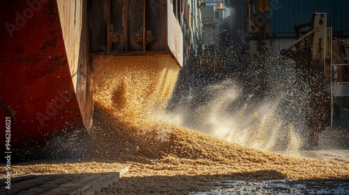 Steel grab loading of wheat in bulk into general cargo ships: Stock