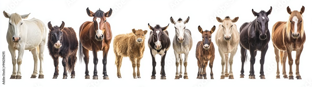 In front of a white background are different farm animals In front of a white background are different farm animals