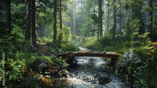 a forest landscape with a small wooden bridge crossing a bubbling brook