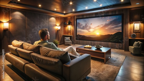 A relaxed individual sits on a couch, surrounded by dimmed lights, enjoying a cinematic experience on a large screen in a cozy home theater setting.