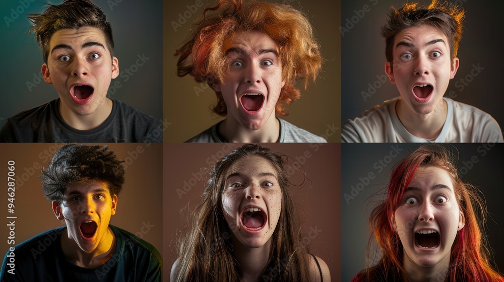 Group of diverse teenagers showing expressions of surprise and excitement while reacting joyfully in a creatively lit environment. Generative AI Group of diverse teenagers showing expressions of surprise and excitement while reacting joyfully in a creatively lit environment. Generative AI