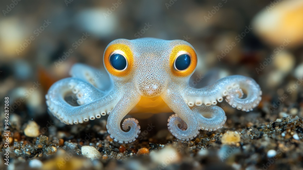 A tiny octopus with its eyes wide open, looking curiously at the camera. A tiny octopus with its eyes wide open, looking curiously at the camera.