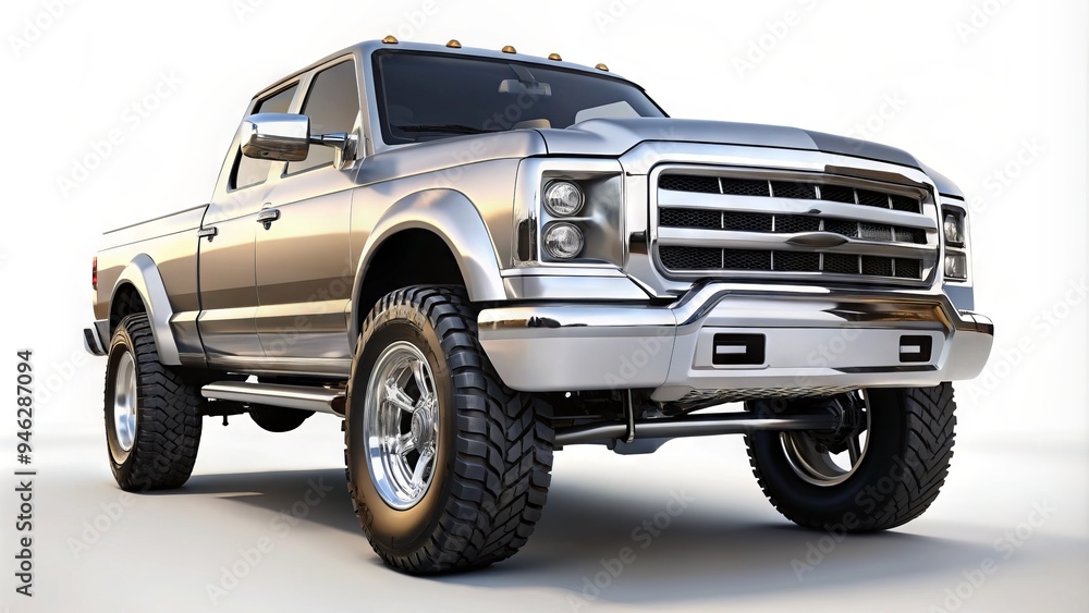 A rugged, chromed-out pickup truck stands proudly against a pristine white background, its sleek lines and bold grille evoking American strength and adventure. A rugged, chromed-out pickup truck stands proudly against a pristine white background, its sleek lines and bold grille evoking American strength and adventure.