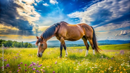 A robust horse with a rounded belly and shiny coat grazes peacefully in a lush green meadow surrounded by vibrant wildflowers under a sunny sky. photo