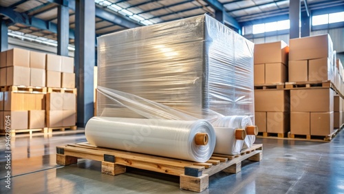 A rolls of translucent plastic wrap on a mechanical stretcher, rotating around a pallet of cardboard boxes, securing them tightly for shipping and storage. photo