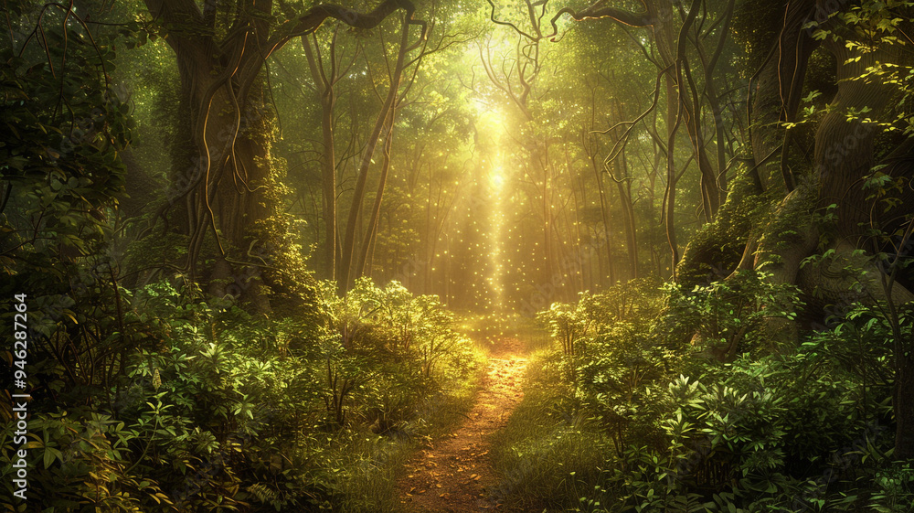 Obraz premium a forest scene with a narrow path leading to a mysterious light