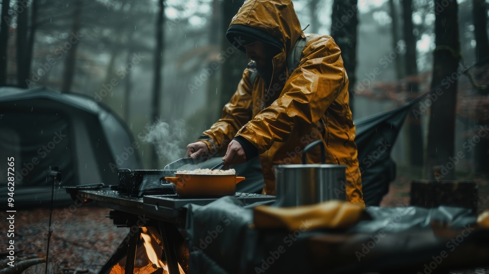 Camper cooking on campfire while camping in forest during rain Camper cooking on campfire while camping in forest during rain