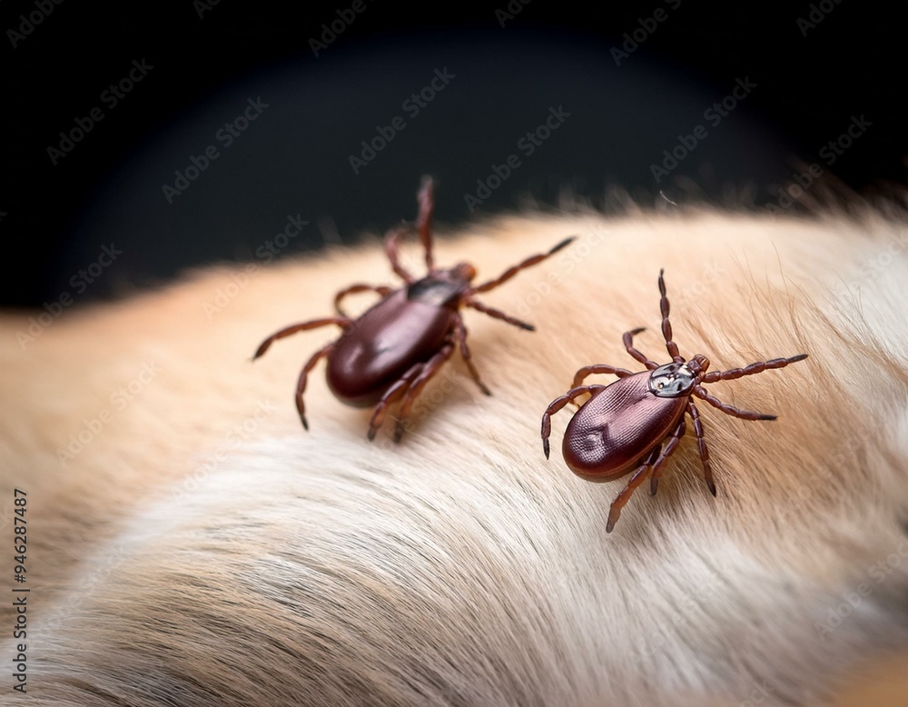Ticks in high-end attire at soirée on dog's fur. Ticks in high-end attire at soirée on dog's fur.