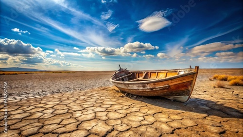 A rusted, abandoned boat rests on cracked, arid earth in a dried lake bed, surrounded by withered vegetation and a vast, desolate, cloudless blue sky. photo