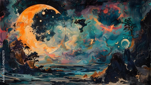 Abstract Landscape with Moon and Stars.