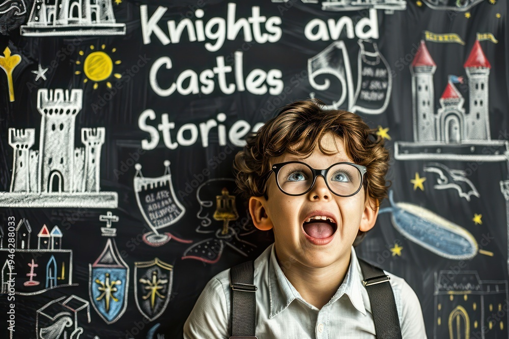 Boy with glasses and suspenders, excited expression, before a chalkboard that reads Knights and Castles Stories Boy with glasses and suspenders, excited expression, before a chalkboard that reads Knights and Castles Stories