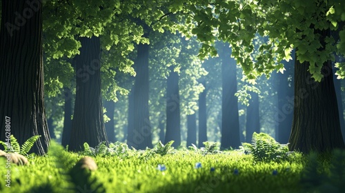 Sunlight filters through the dense canopy of a lush forest, illuminating the verdant undergrowth. photo